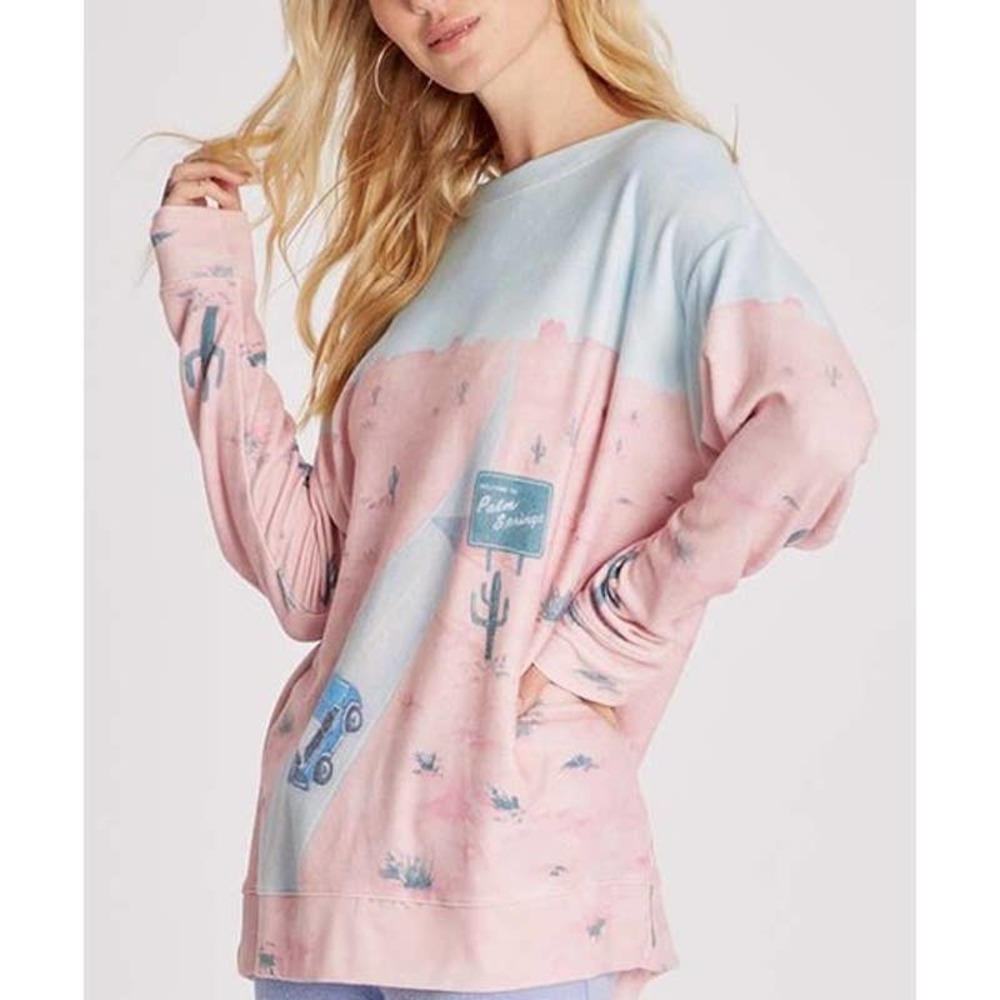 New Wildfox Light Blue & Pink Roadtrip Welcome to Palm Springs Sweatshirt Size S